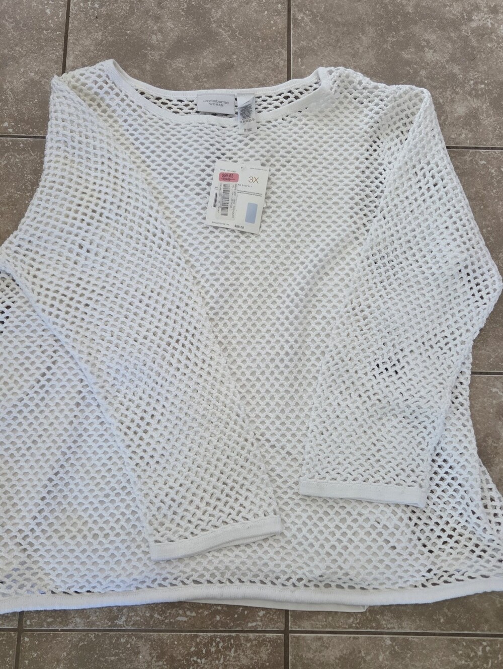 Liz Claiborne Womens Plus Size White Open-Knit Cotton Long Sleeve Top. Sz 3x
